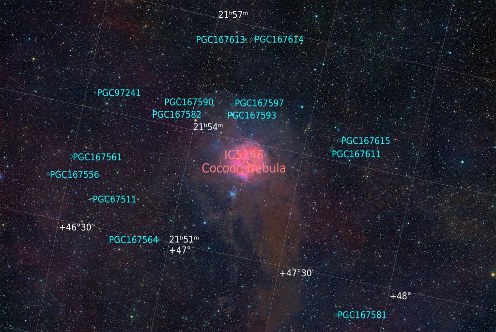 Astronomical image of the IC 5146 Cocoon Nebula with nearby celestial objects labeled in a star field.